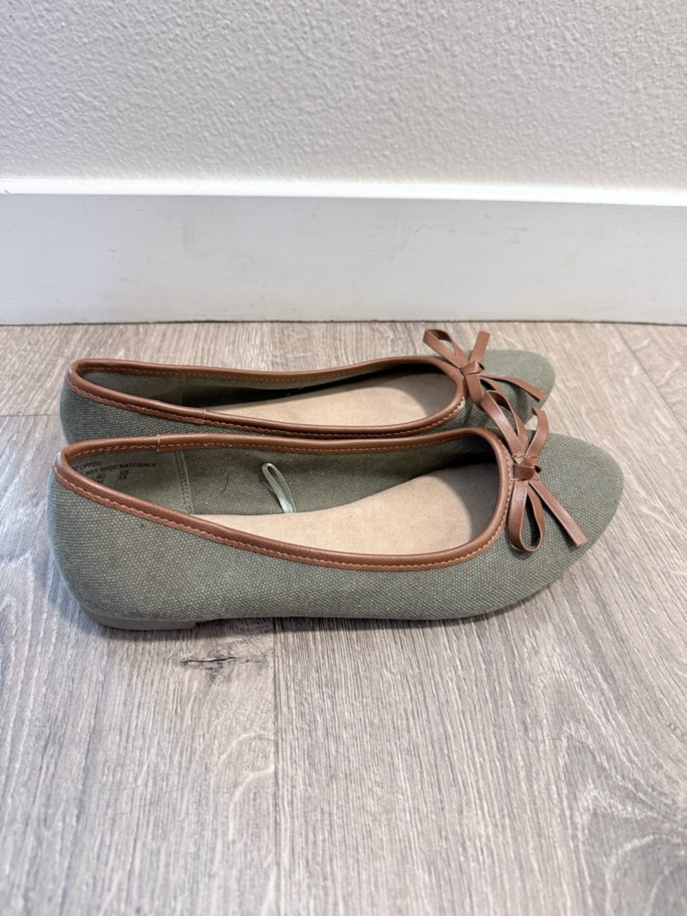 Basic Editions Olive Canvas Ballet Flats with Brown Trim & Bow
